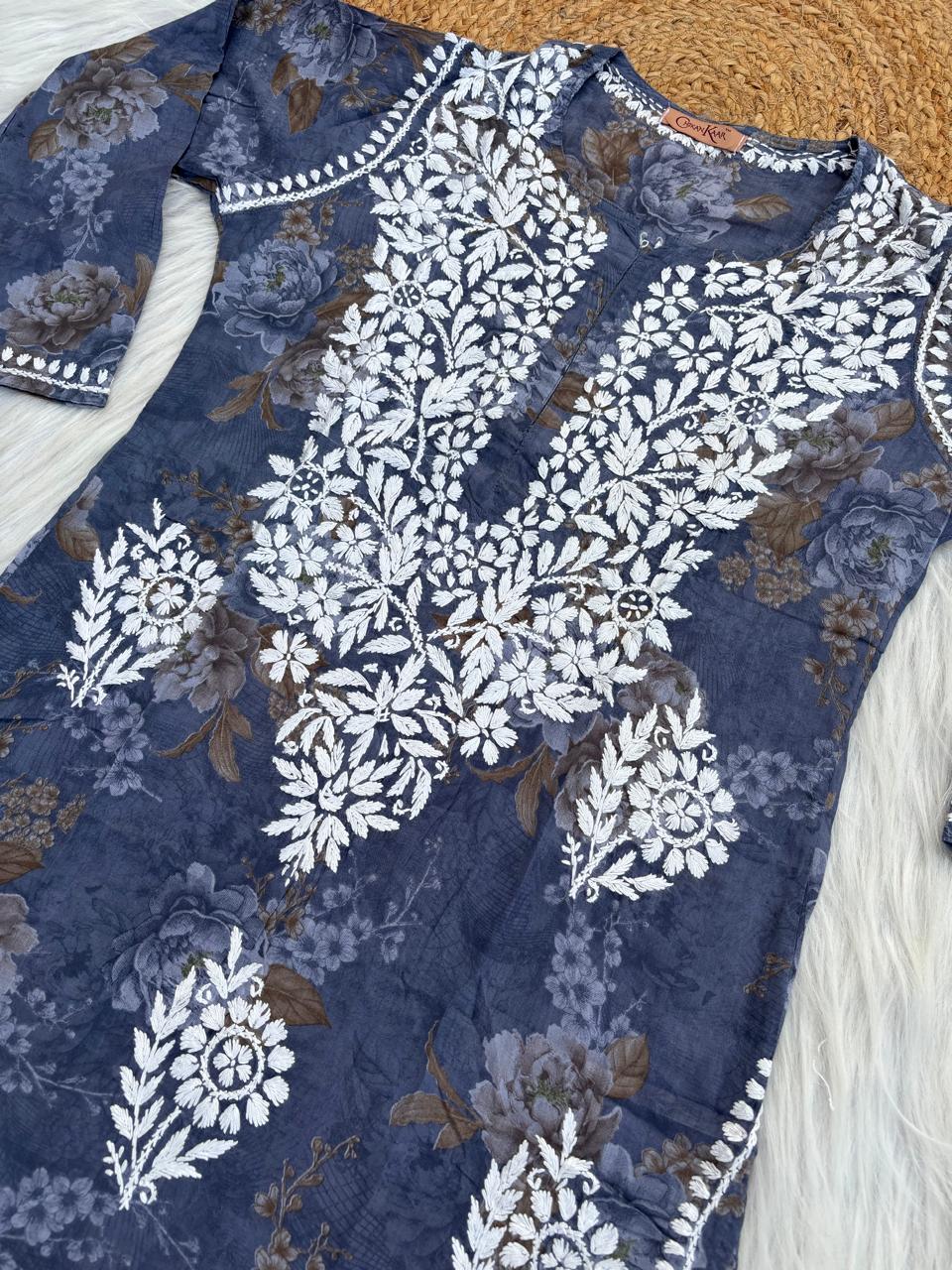 Zaina Pure Mulmul Chikankari Handwork Kurti - Grey Colour