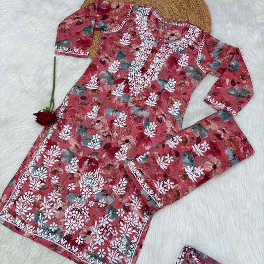 Jameela Mulmul Cotton Chikankari Kurti Set - Cherry Colour