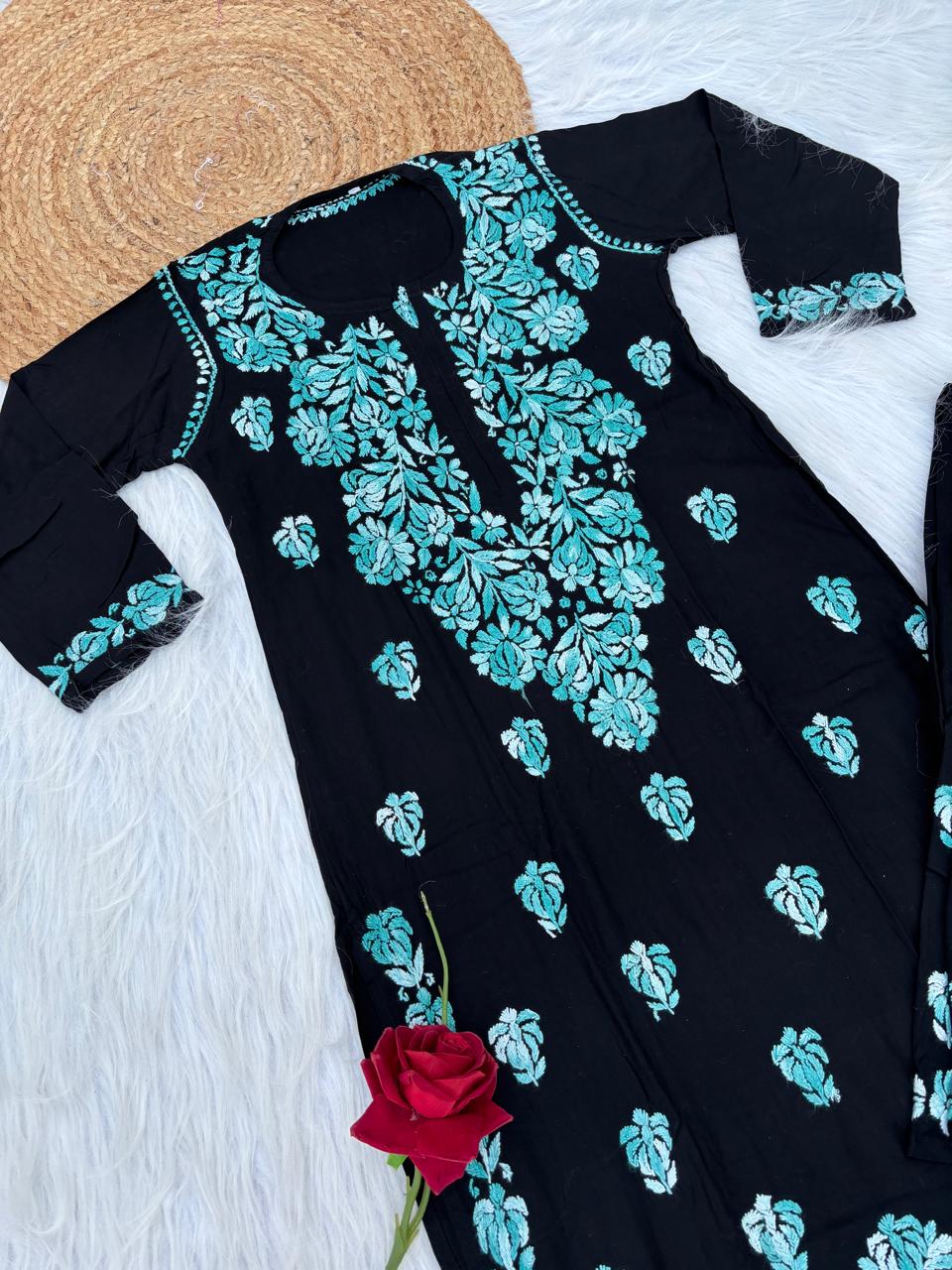Rida Rayon Handwork Chikankari Kurti Set- Sea Green Colour