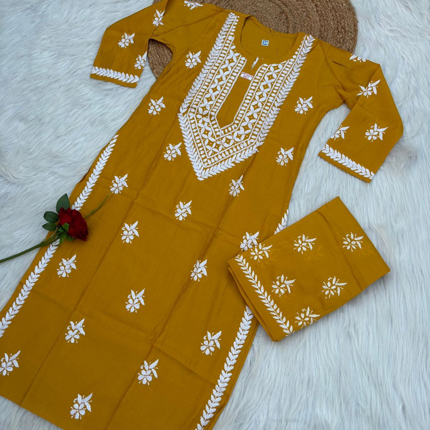 Afana Silk Chikankari Kurti Plazo set Yellow Colour