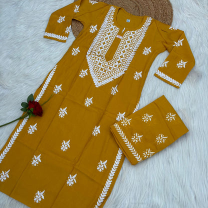 Afana Silk Chikankari Kurti Plazo set Yellow Colour