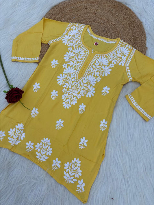 Ina Soft Rayon Handwork Chikankari Short Kurti - Yellow Colour