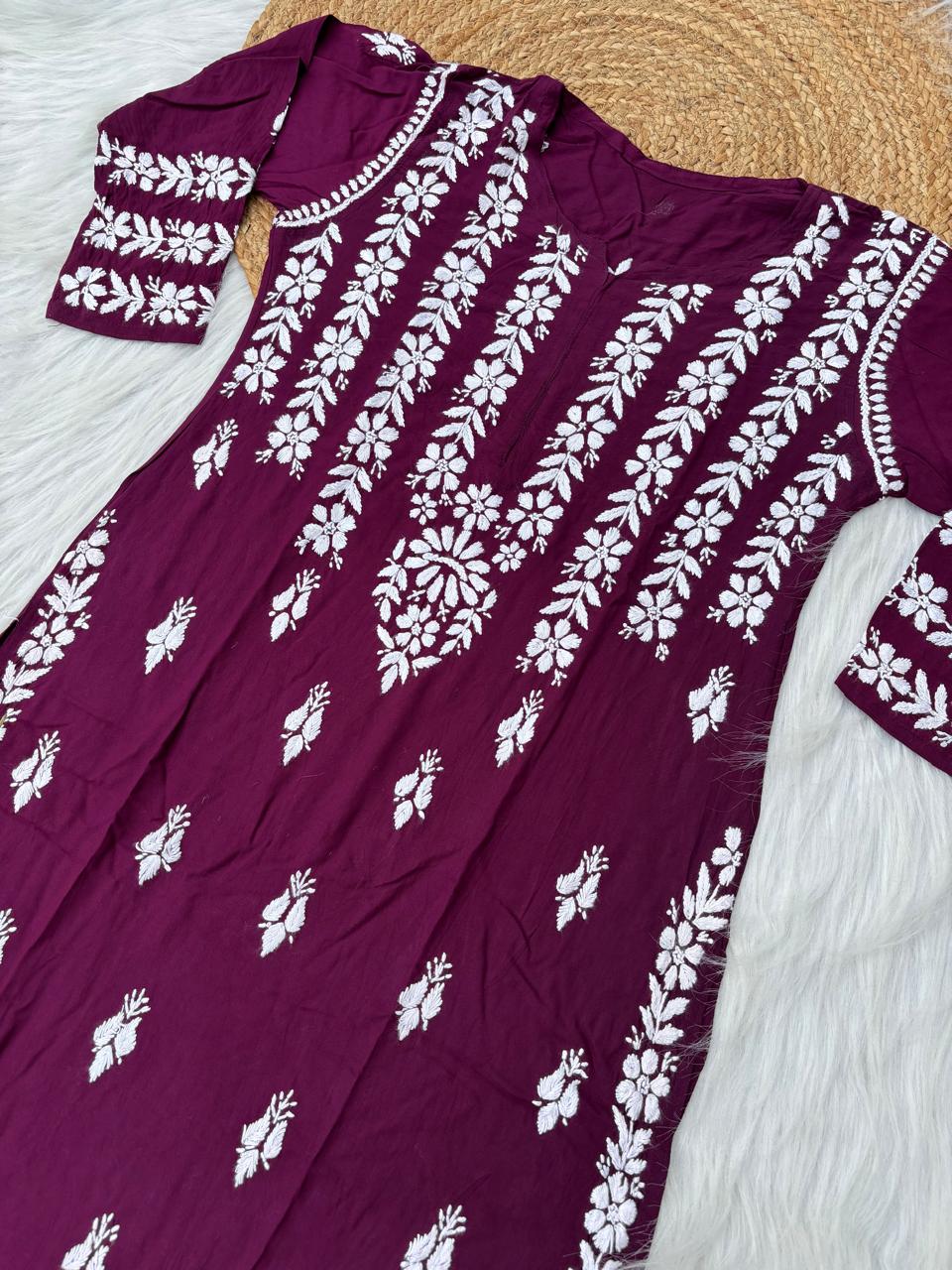 Zoobia Soft Rayon Handwork Chikankari Kurti - Wine Colour