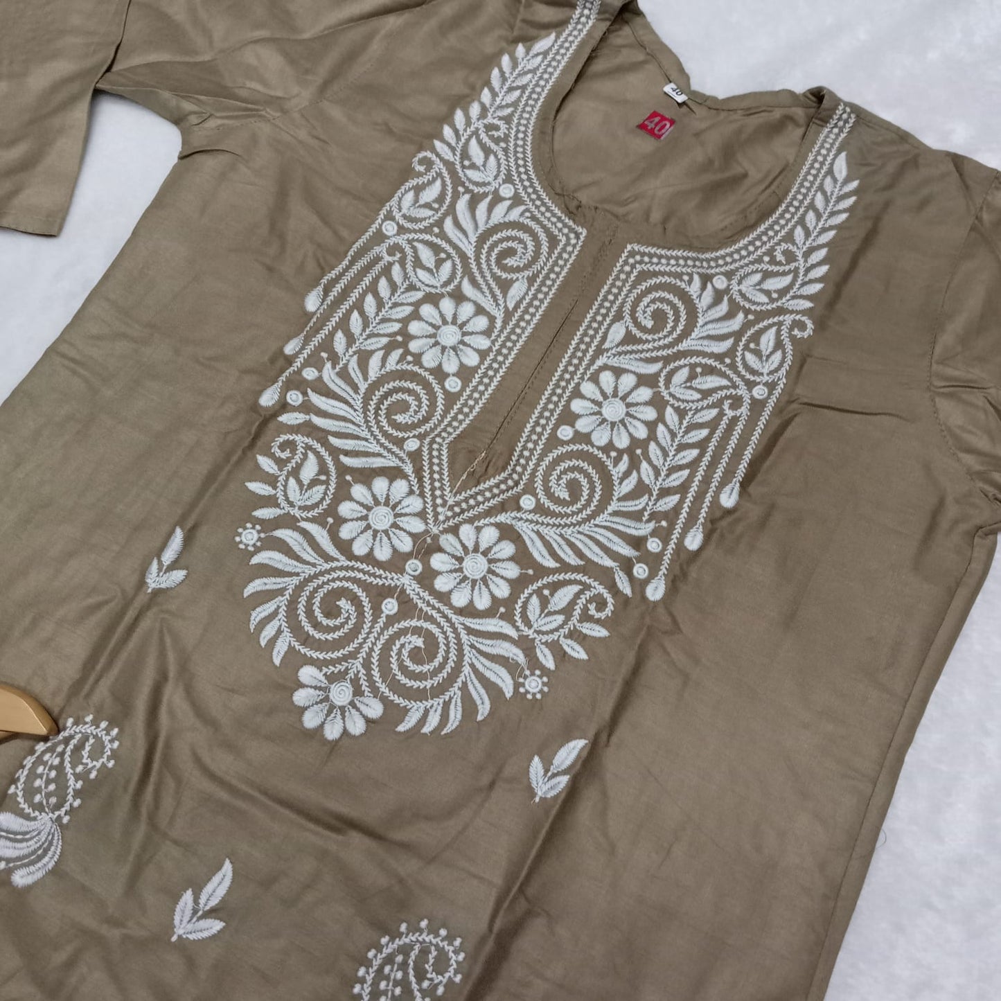 Rayon Chikankari Machine Work  Kurti Plazo Set- Brown Colour