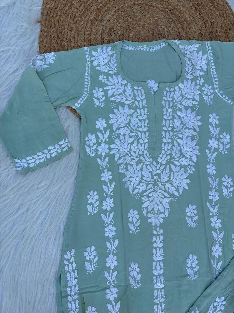 Samara Rayon Handwork Chikankari Kurti Plazo Set - Pista Green Colour