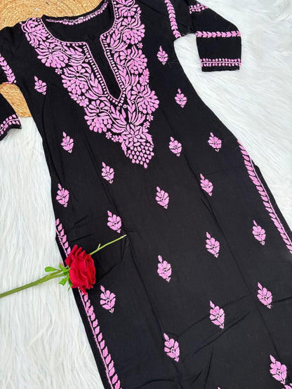 Shifa Soft Rayon Lucknowi Chikankari Kurti - Black Pink Color