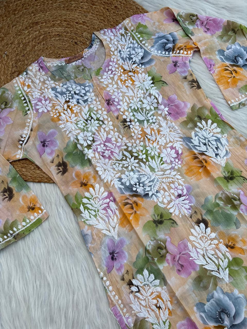 Najma Pure Mulmul Chikankari Handwork Kurti - Yellow Colour