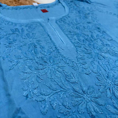 Sofia Ombre Shaded Soft Rayon Chikankari Short Kurti - Sky Blue Colour - Chikankaar