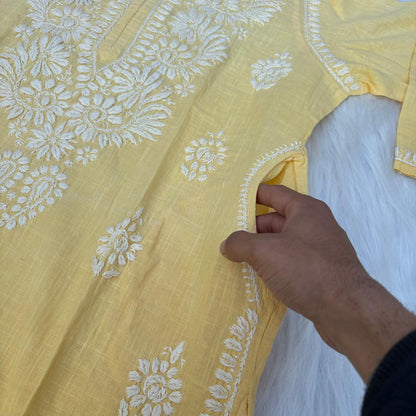 Isha Slub Cotton Chikankari Kurti - Yellow colour