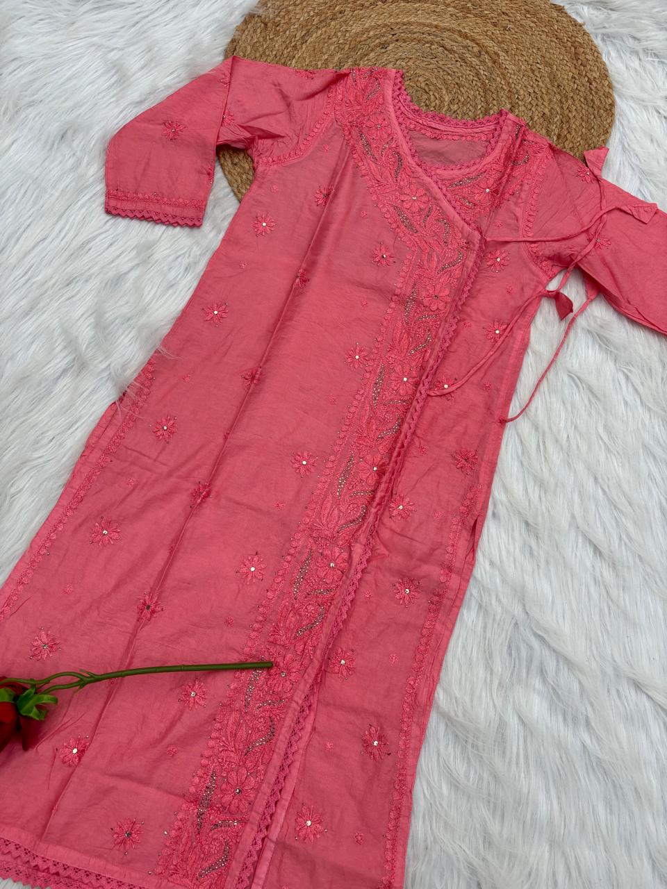 Naaz Chanderi Angrakha style Chikankari Kurti with Mukaish work -Gazri Colour