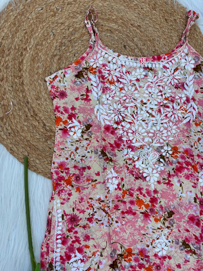 Hana Mulmul Chikankari Noodle Strap Short Kurti - Red colour (Length - 38")