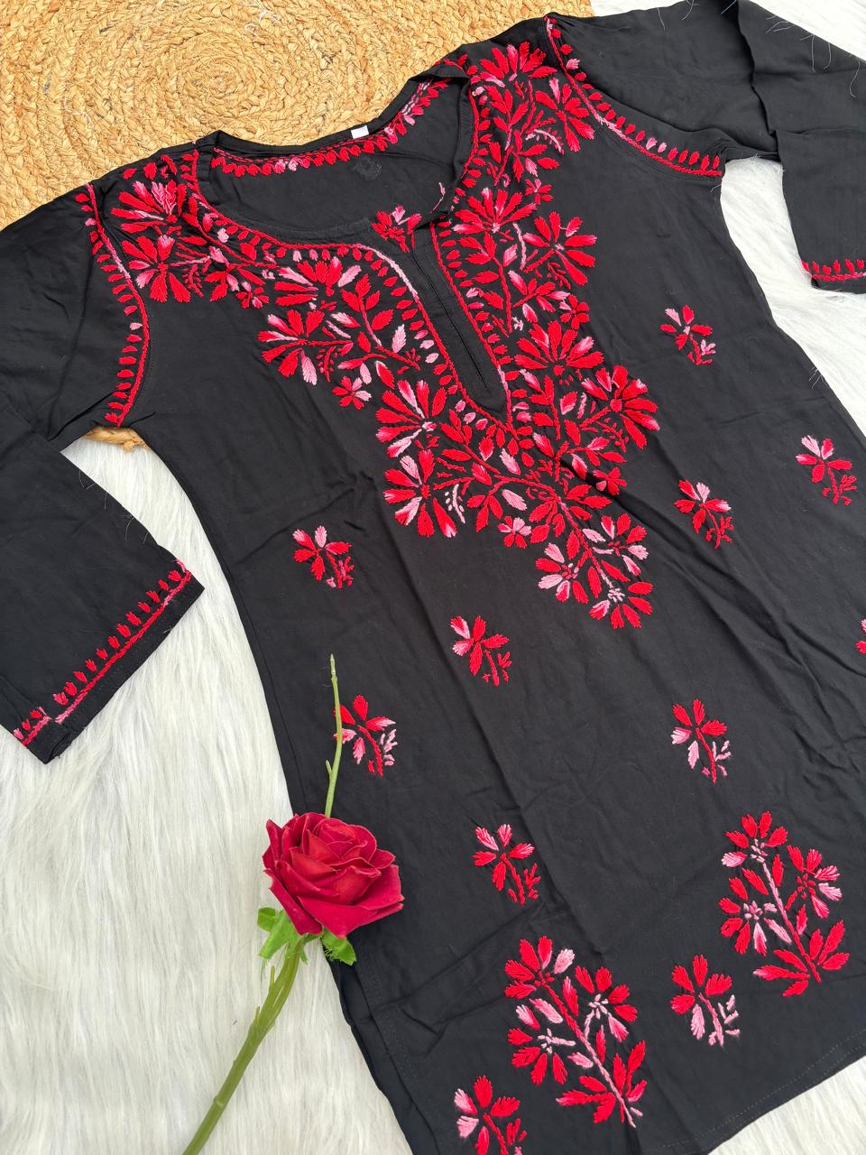 Mahek Soft Rayon Handwork Chikankari Short Kurti- Red Colour
