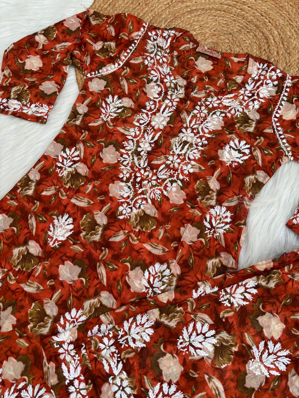 Elena Mulmul Cotton Handwork Chikankari Kurti Set - Terracotta Colour