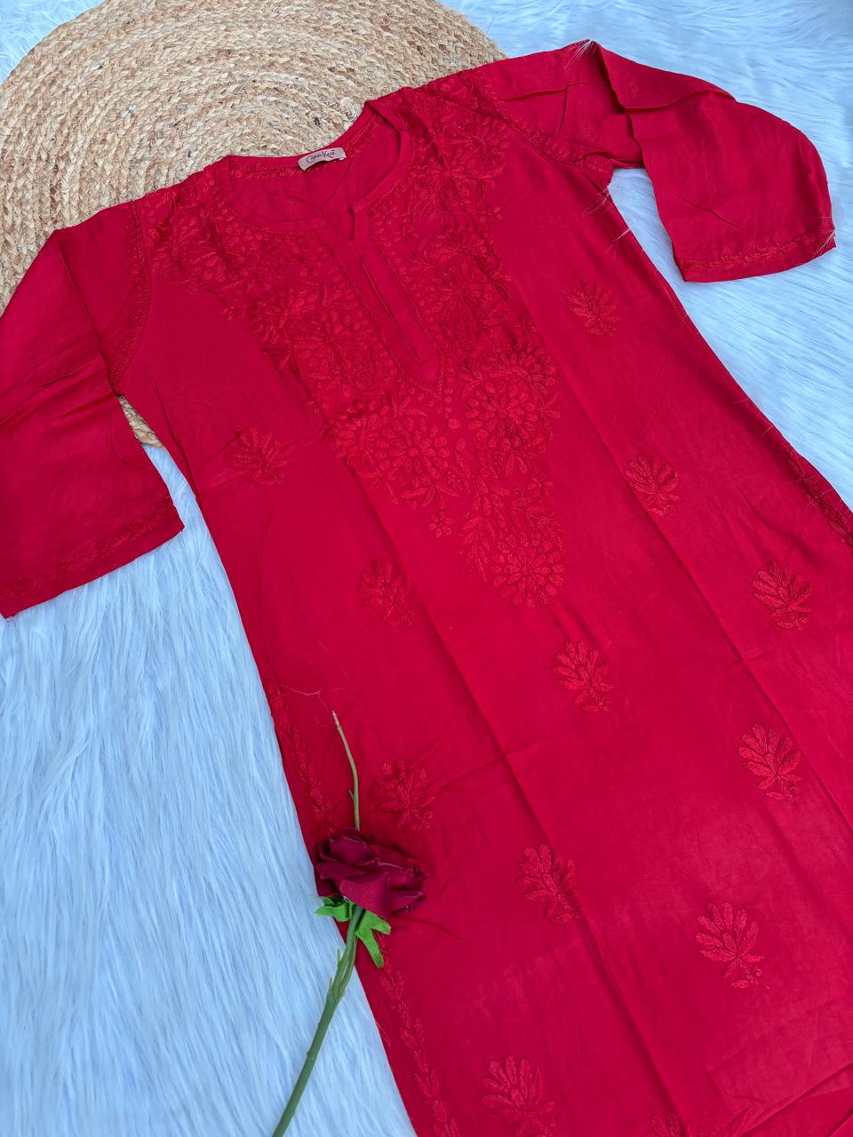 Rabab Dyeable Soft Rayon Handwork Chikankari Kurti -Red Colour