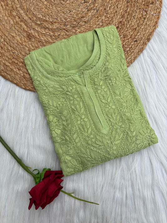 Kiara Dyeable Soft Rayon Handwork Chikankari Kurti - Green Colour
