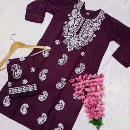 Rayon Chikankari Machine Work  Kurti Plazo Set- Wine Colour