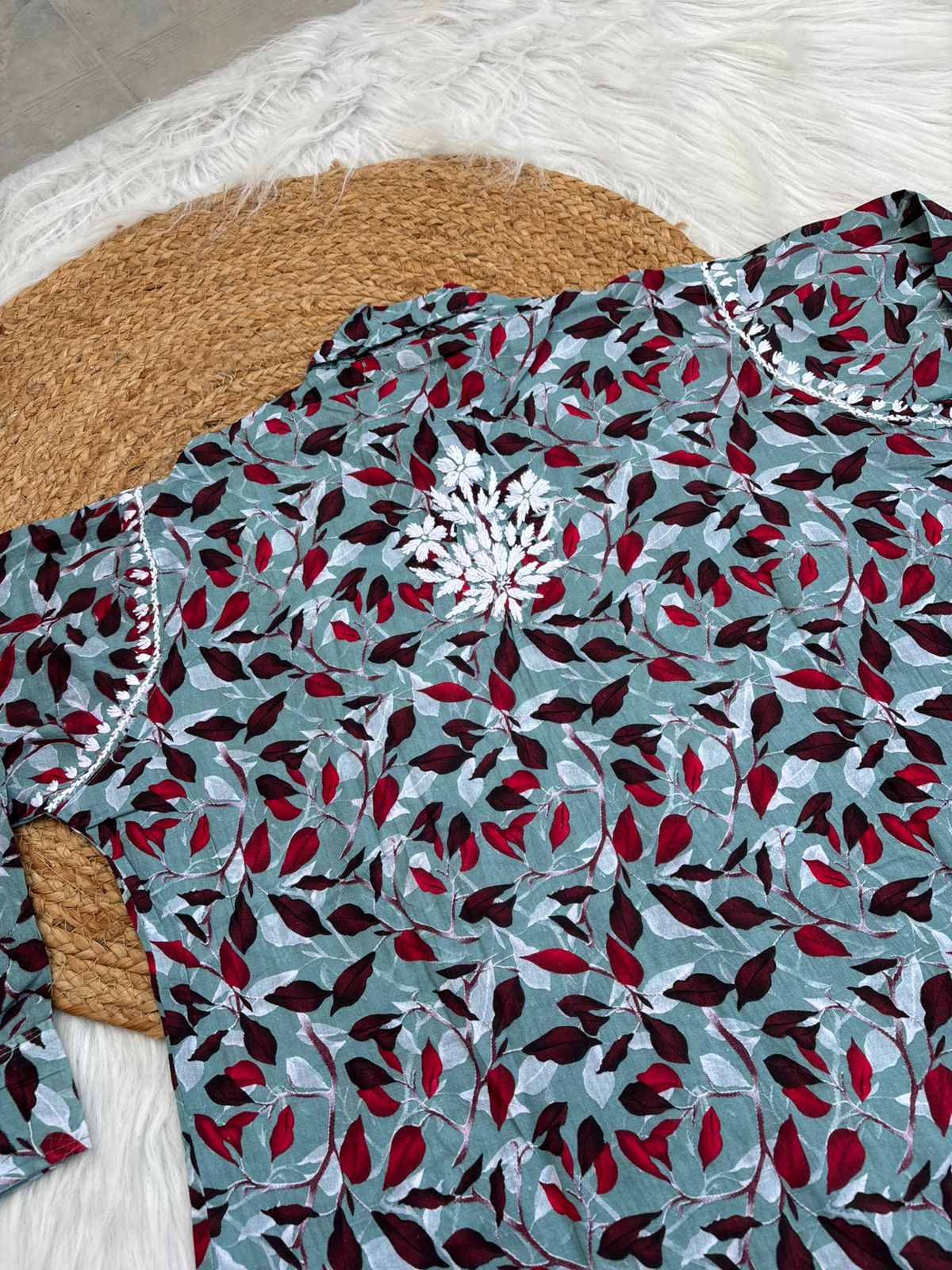 Mulmul Cotton Lucknowi Chikankari Coord Set - Muted Blue Colour