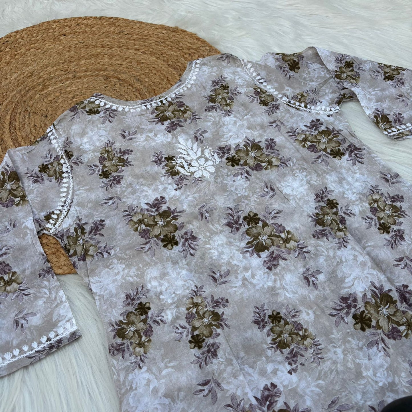 Fawziya Pure Mulmul Chikankari  Handwork Kurti - Brown Colour