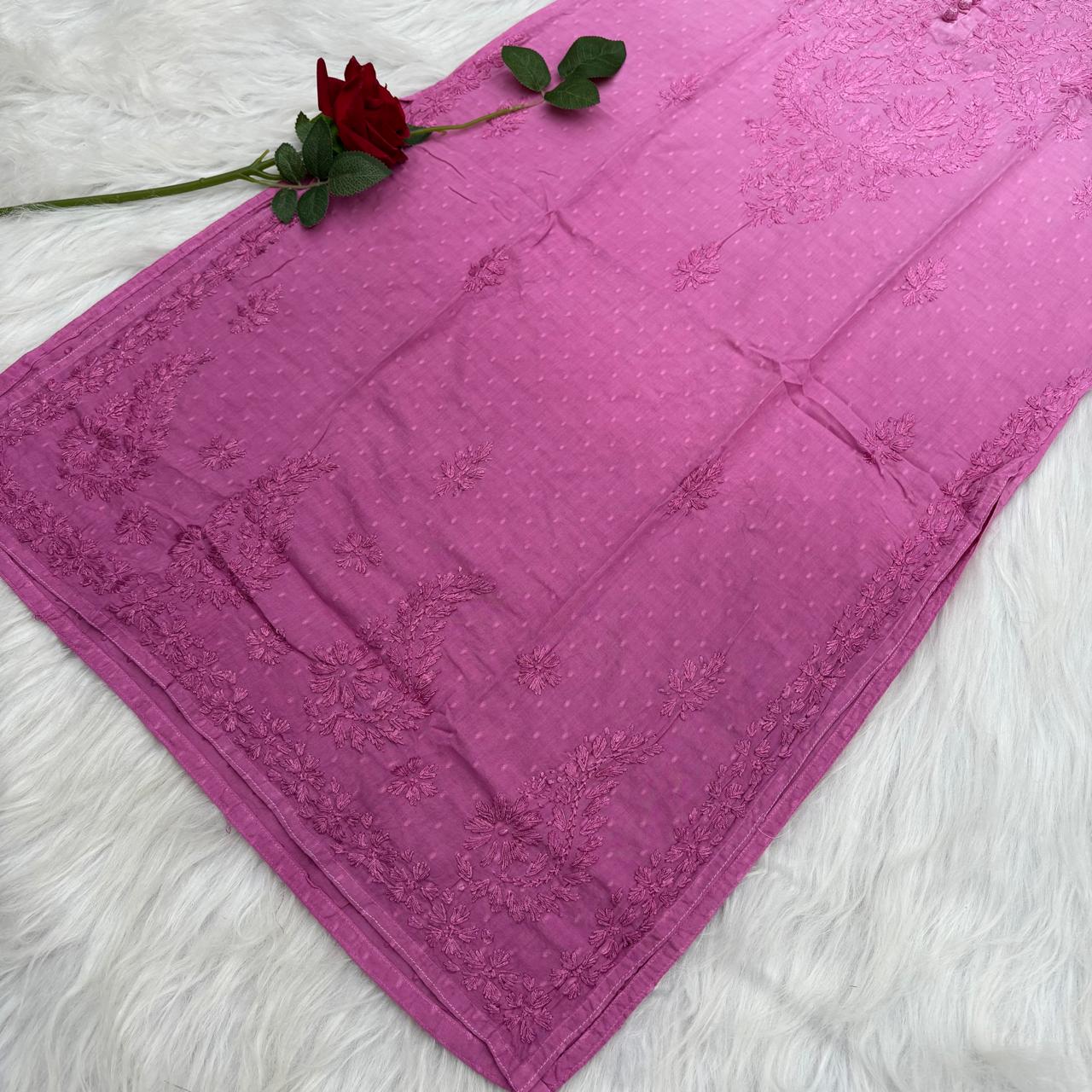 Farah Ombre Shaded Dobby Cotton Chikankari Kurti - Pink colour
