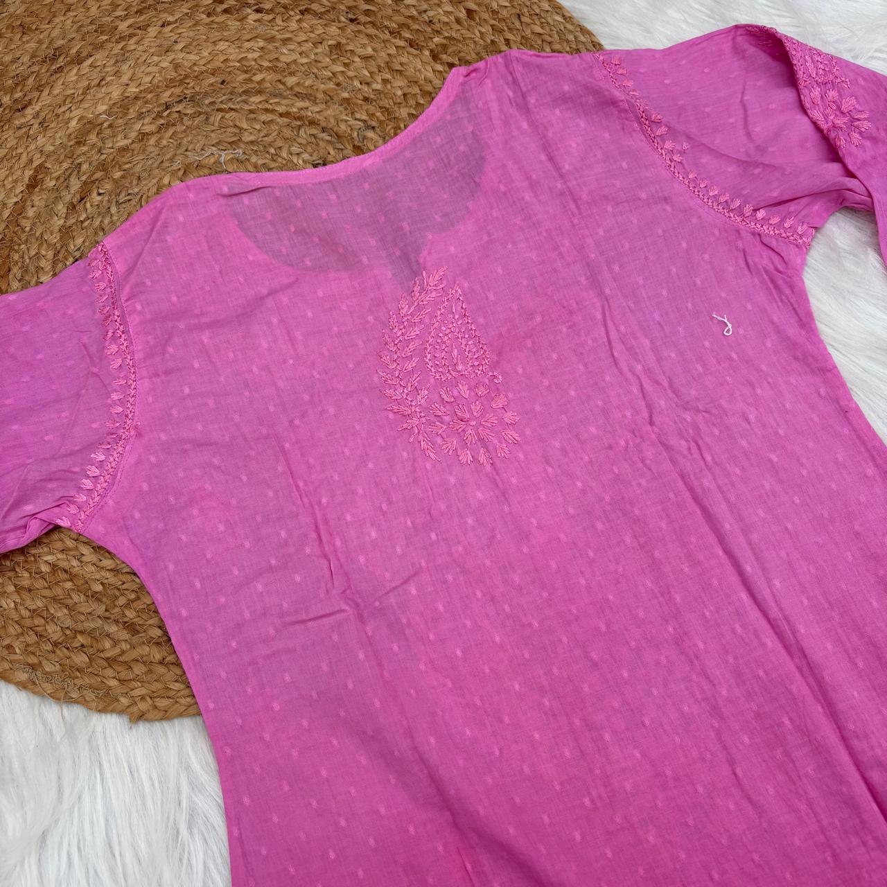 Nuha Dobby cotton Ombre shaded Lucknowi Chikankari Kurti Plazo Set - Pink Colour