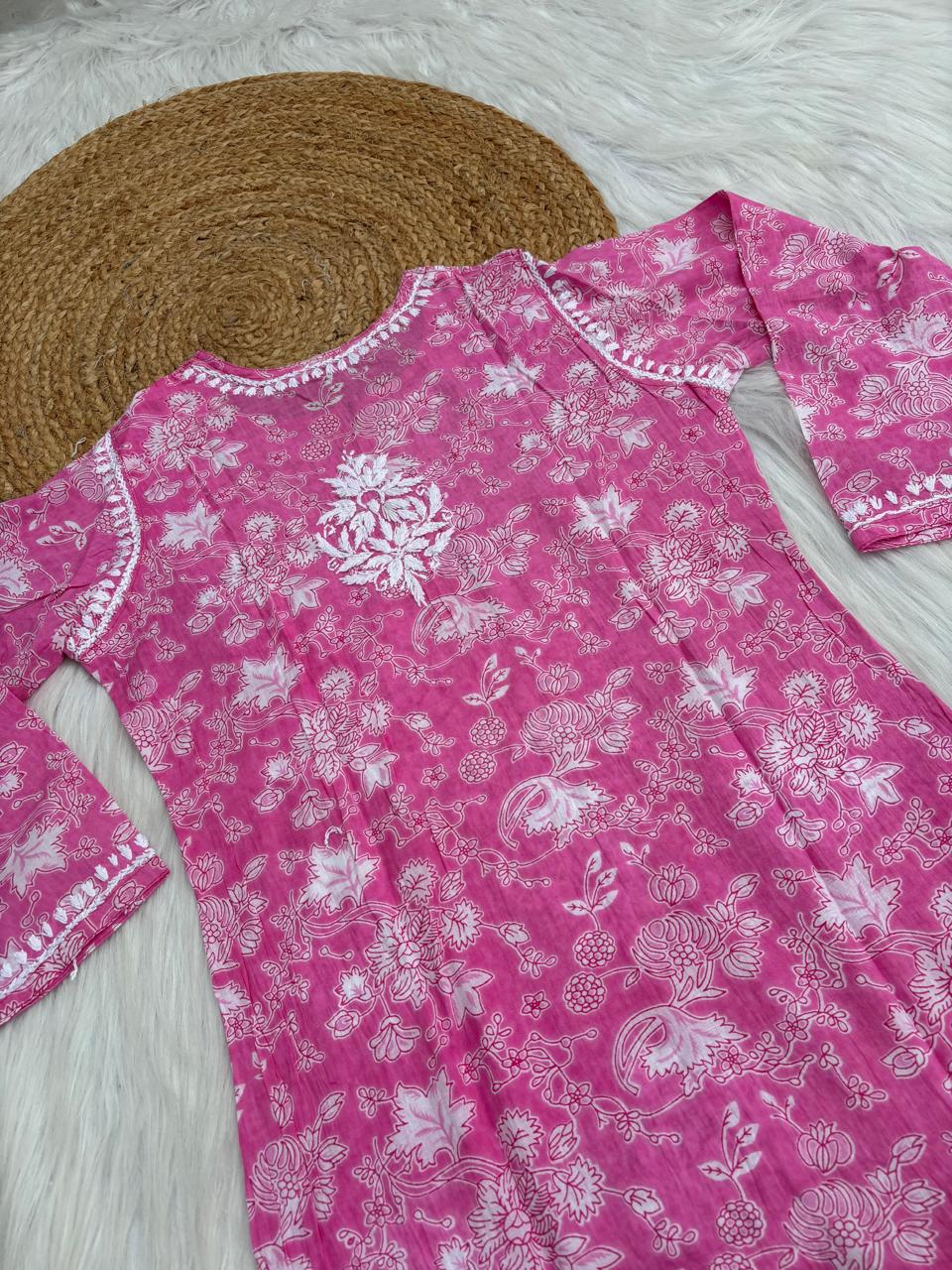 Sameera Pure Mulmul Chikankari Handwork Kurti - Pink Colour