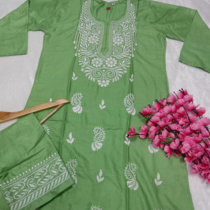 Rayon Chikankari Machine Work  Kurti Plazo Set- Green  Colour