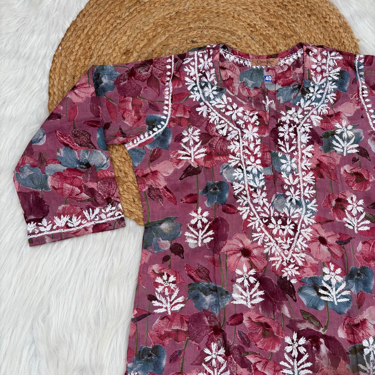 Jameela Mulmul Cotton Chikankari Kurti Set - Mauve Colour