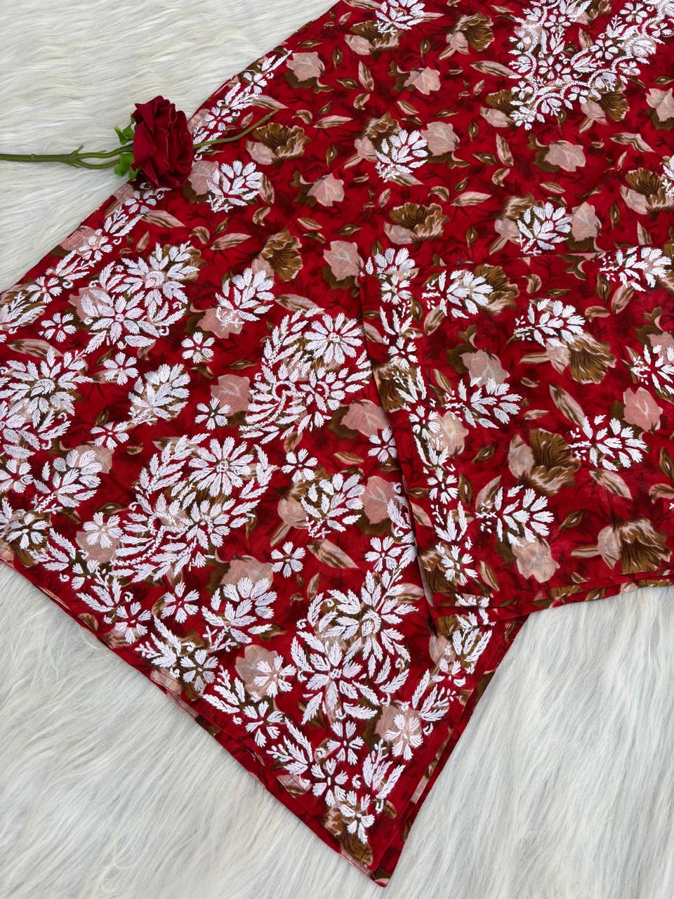 Elena Mulmul Cotton Handwork Chikankari Kurti Set - Cherry Colour
