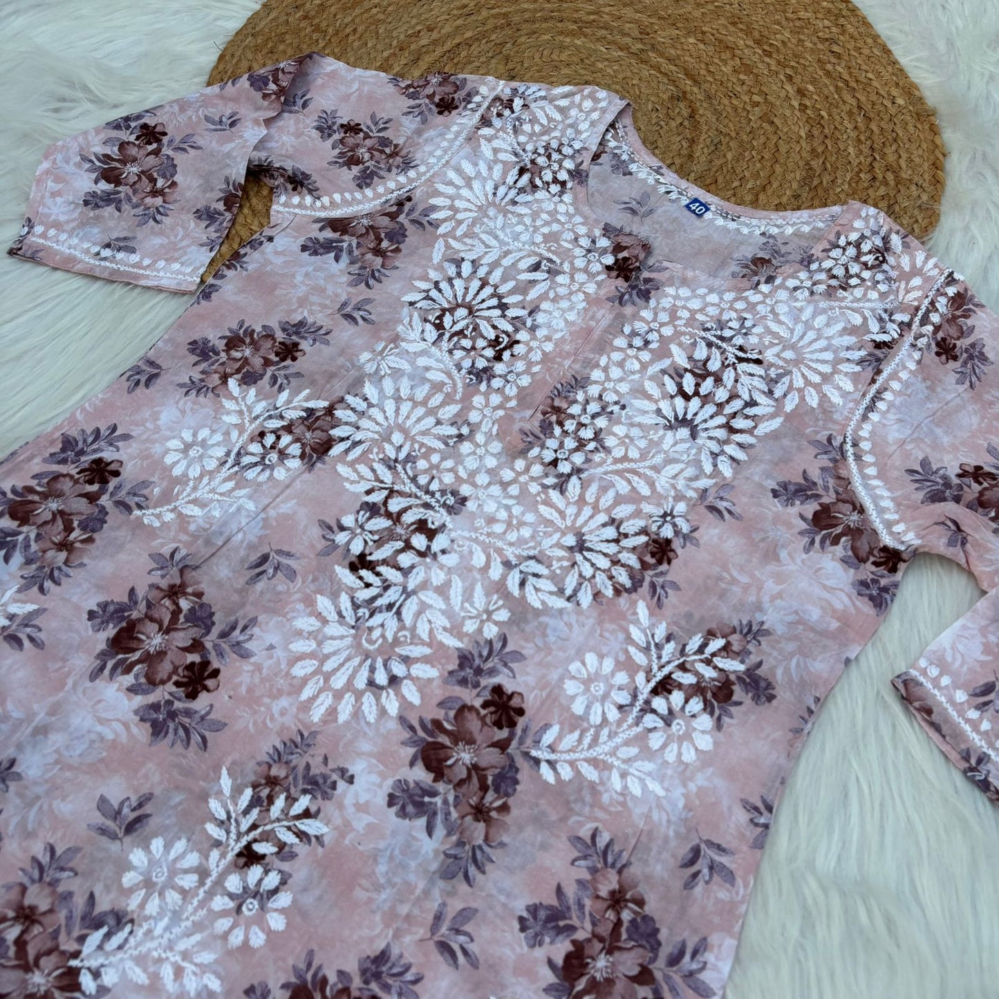 Fawziya Pure Mulmul Chikankari  Handwork Kurti - Cream Skin Colour