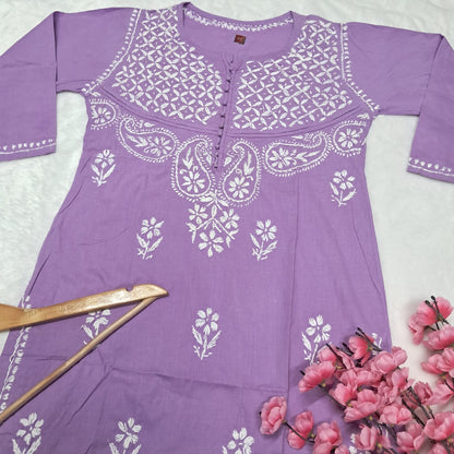 Adiva Pure Cotton Chikankari Handwork Kurti - Purple Colour