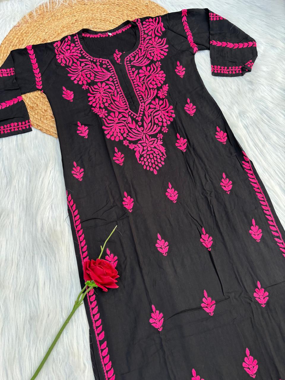 Shifa Soft Rayon Lucknowi Chikankari Kurti - Black Dark Pink Color