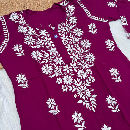 Maya Rayon Chikankari Kurti Plazo Set - Wine Colour