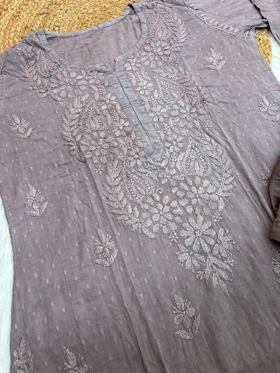 Nuha Dobby cotton Ombre shaded Lucknowi Chikankari Kurti Plazo Set - Light Brown Colour