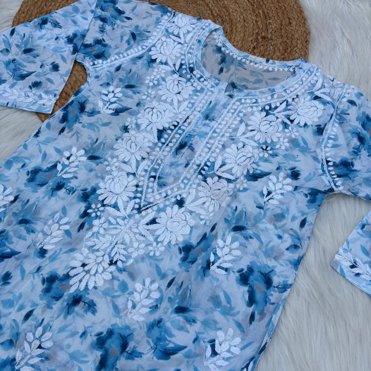Aaliyah Mulmul Cotton Chikankari Kurti Set -Blue Colour
