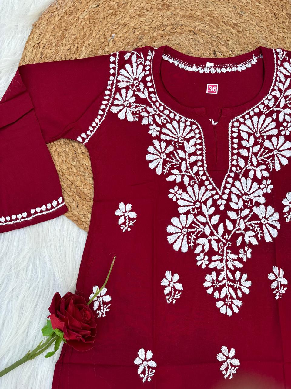 Ina Soft Rayon Handwork Chikankari Short Kurti - Maroon Colour