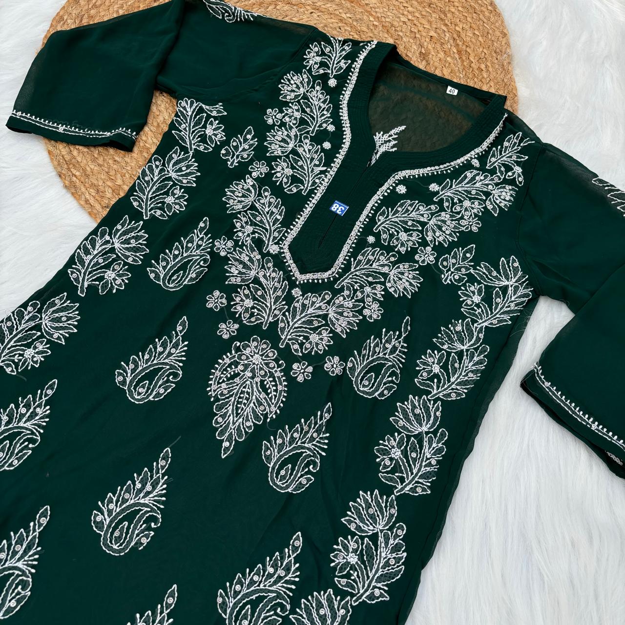 Stone Work Georgette Chikankari Kurti -Dark Green Colour