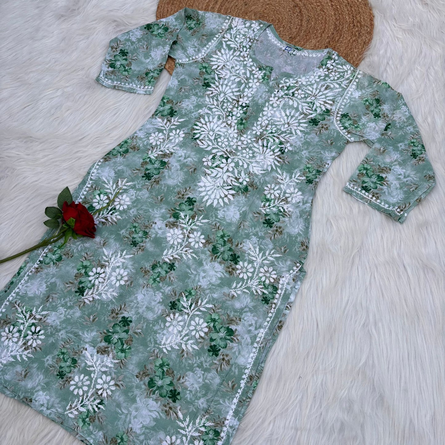Fawziya Pure Mulmul Chikankari  Handwork Kurti - Dark Green Colour