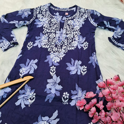 Suhana Khan Inspired Pure Mulmul Chikankari Kurti- Navy Blue Colour