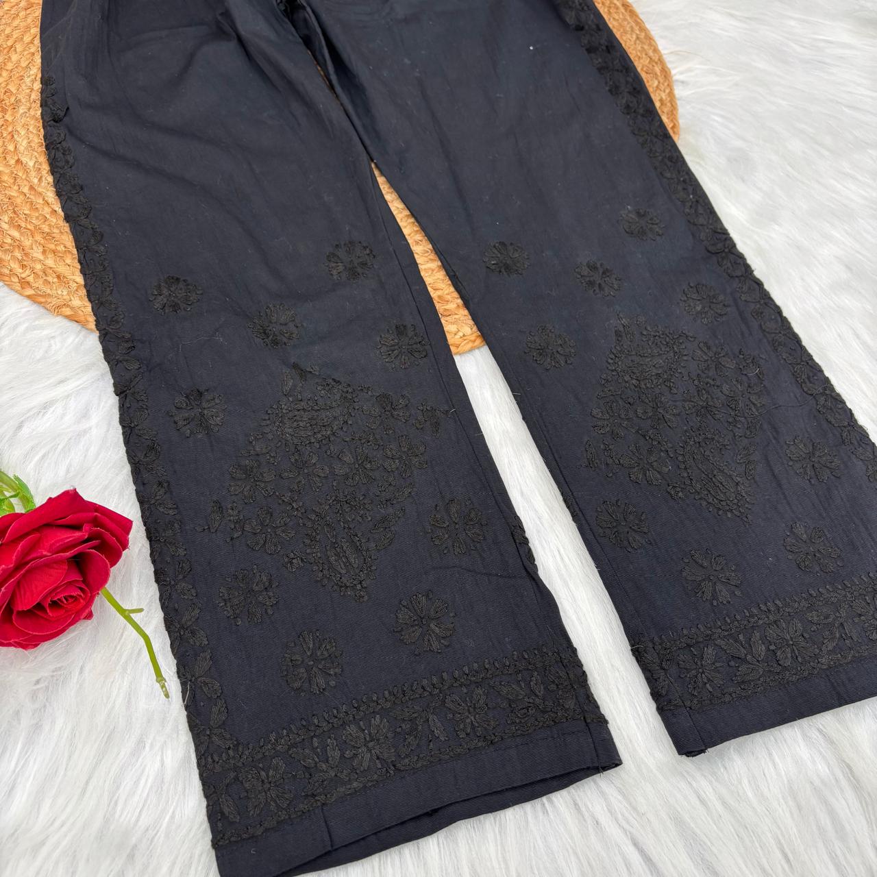 Yara Pure Cotton Lycra Handwork Chikankari Pant- Black colour
