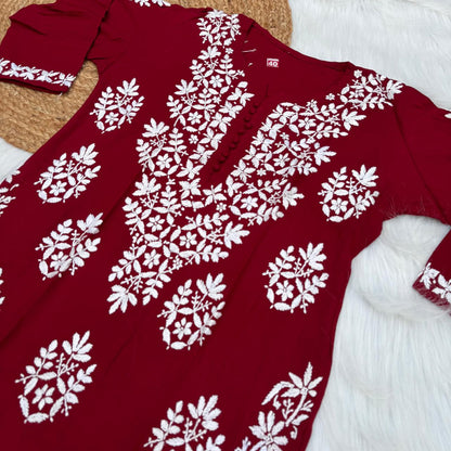 Ameena Soft Rayon Chikankari Kurti - Maroon Colour