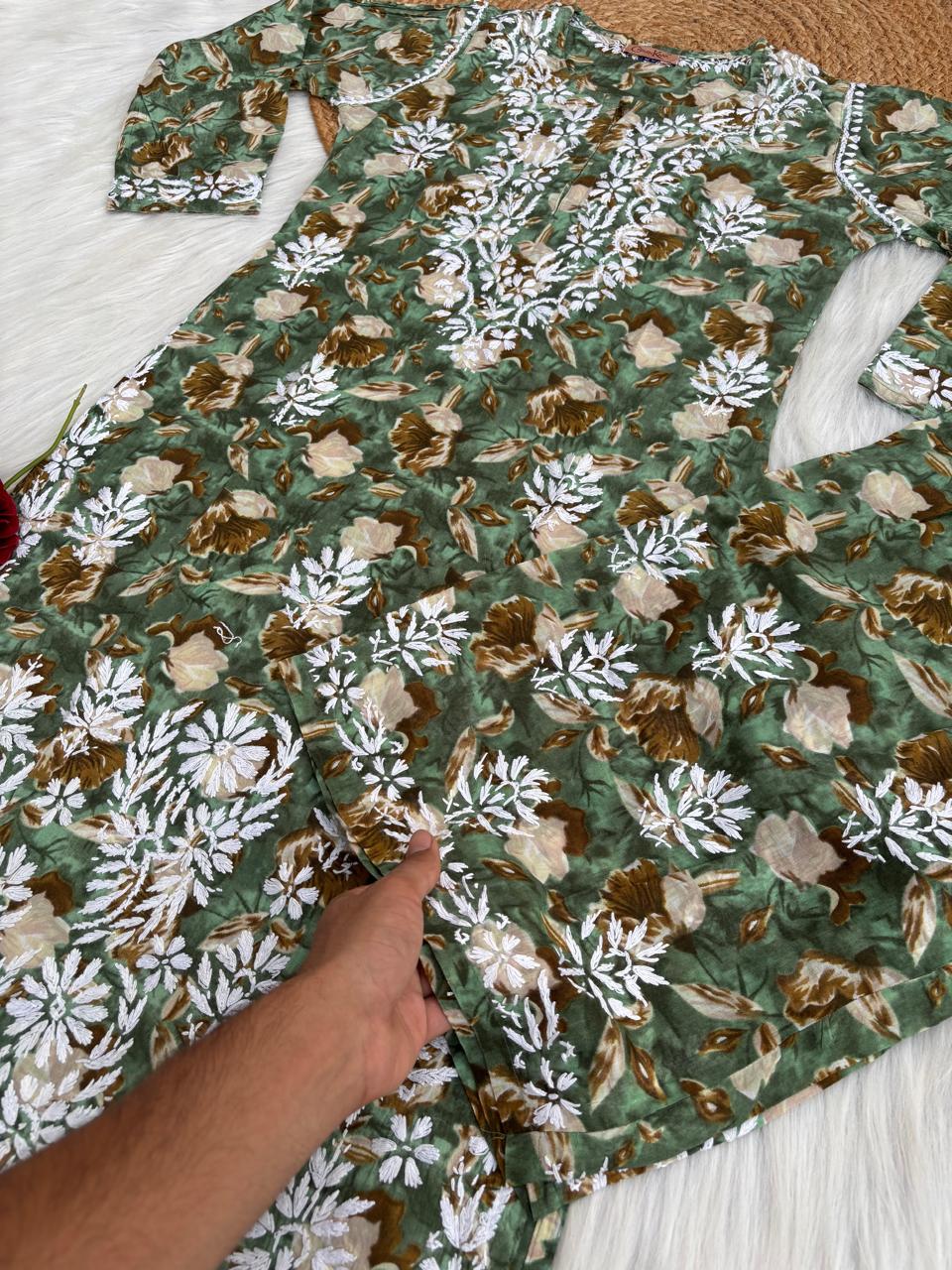 Elena Mulmul Cotton Handwork Chikankari Kurti Set - Dark Green Colour