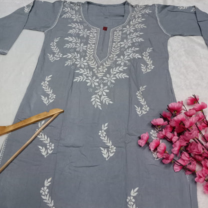 Pure Rayon Chikankari Ghas Patti Work Kurti -Grey Colour