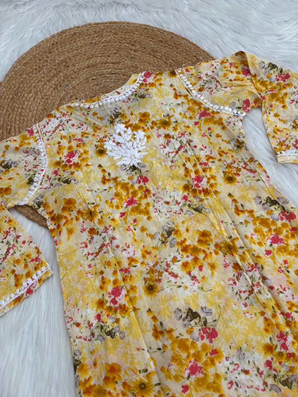 Fatima Pure Mulmul Chikankari  Handwork Kurti - Yellow Colour