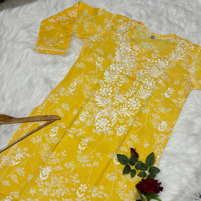 Mahira Sharma Inspired Pure Mulmul Printed Chikankari Handwork Kurti -Yellow Colour