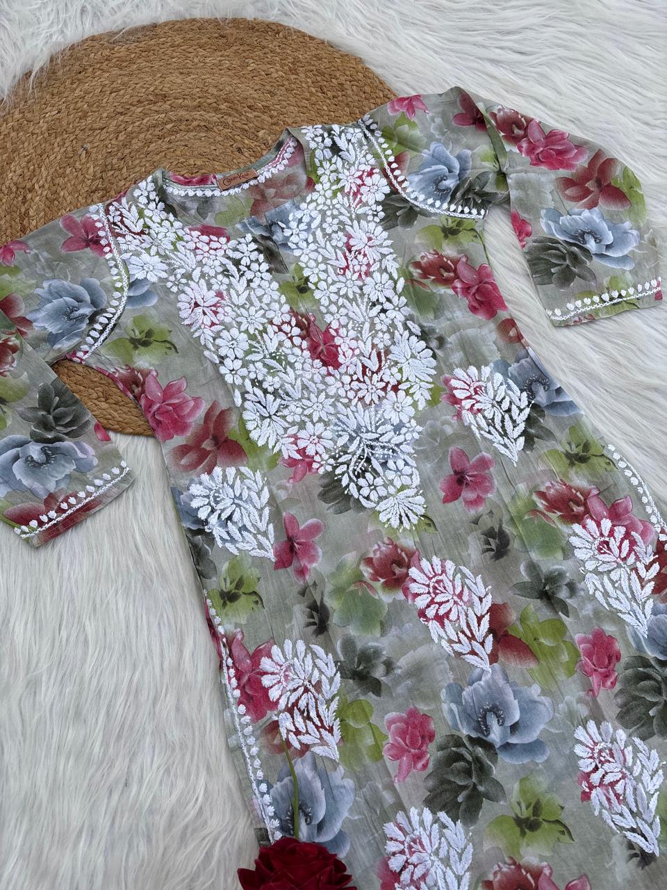 Najma Pure Mulmul Chikankari Handwork Kurti - Parrot Green Colour