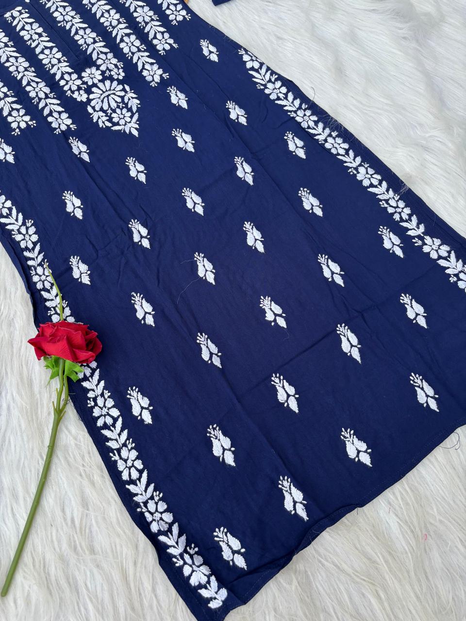 Zoobia Soft Rayon Handwork Chikankari Kurti - Blue Colour