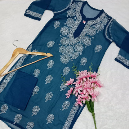 Georgette Chikankari Rose Work Kurti With Pure Cotton Inner -T Blue Colour