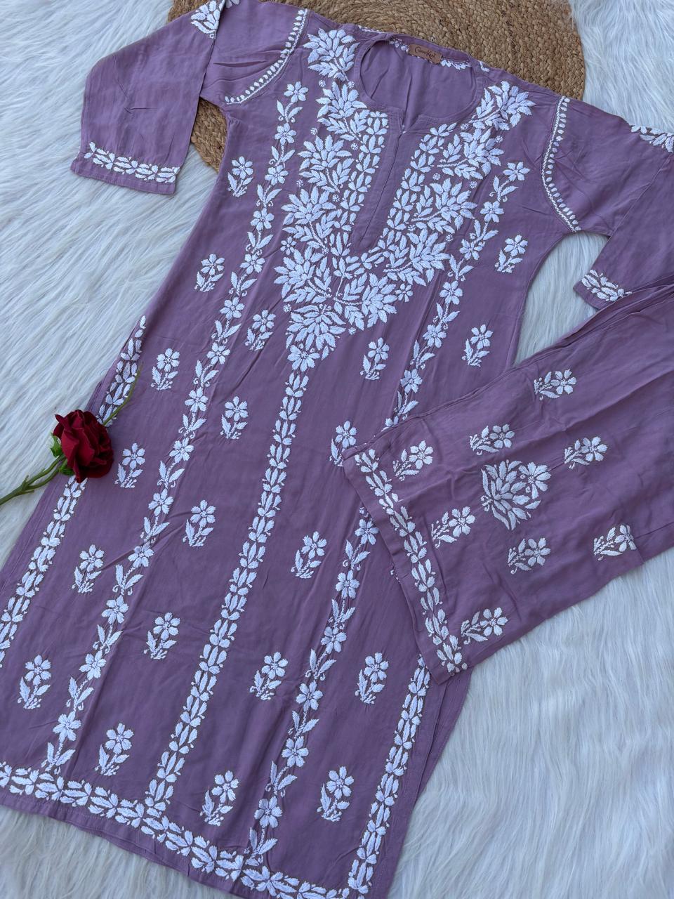 Samara Rayon Handwork Chikankari Kurti Plazo Set - Mauve Colour