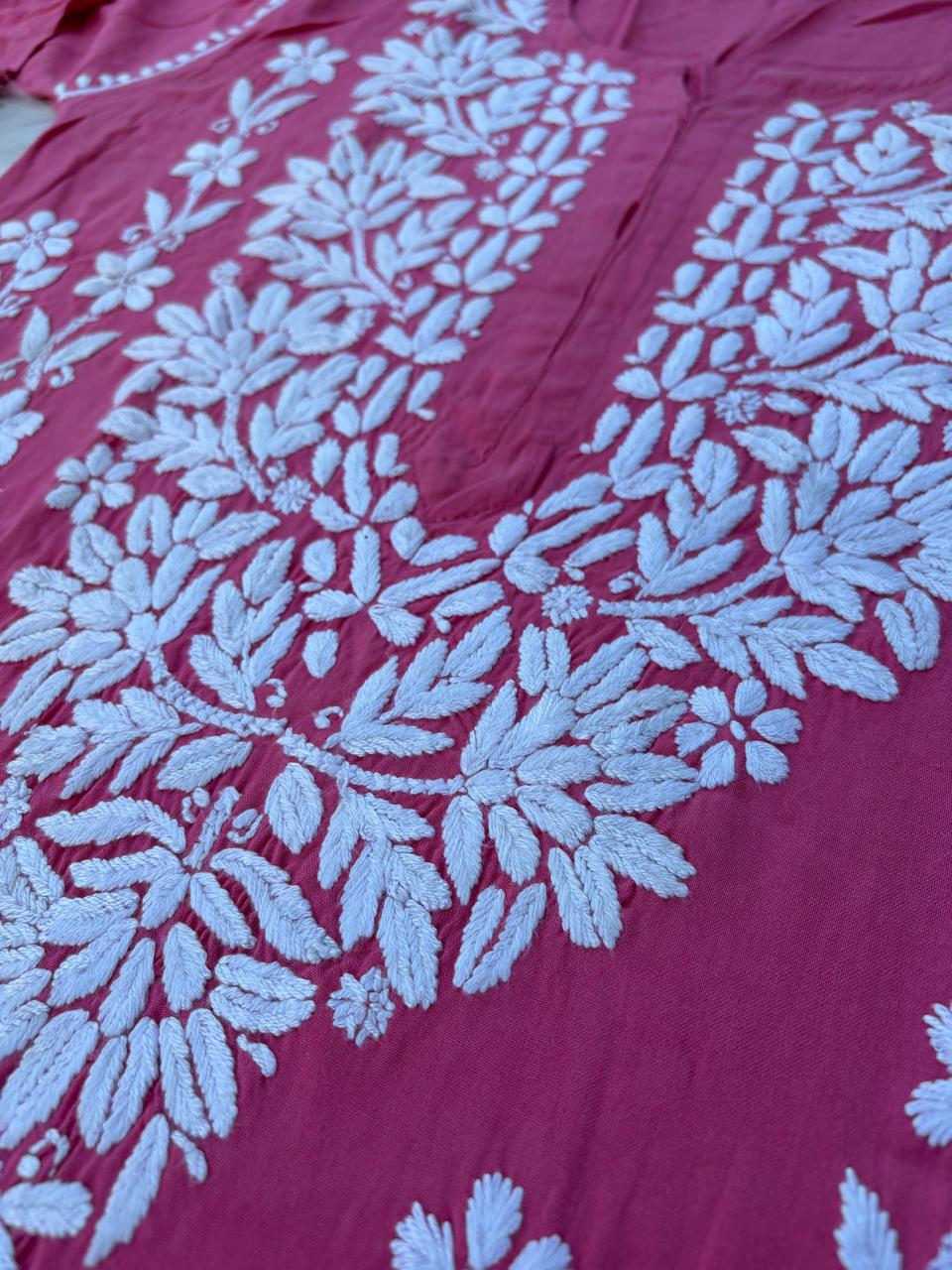 Samara Rayon Handwork Chikankari Kurti Plazo Set - Dark Pink Colour