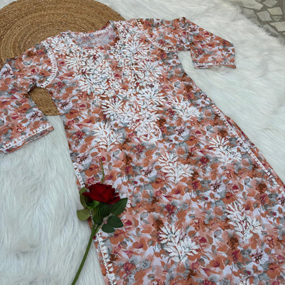 Yasmin Pure Mulmul Chikankari Handwork Kurti - Orange Colour